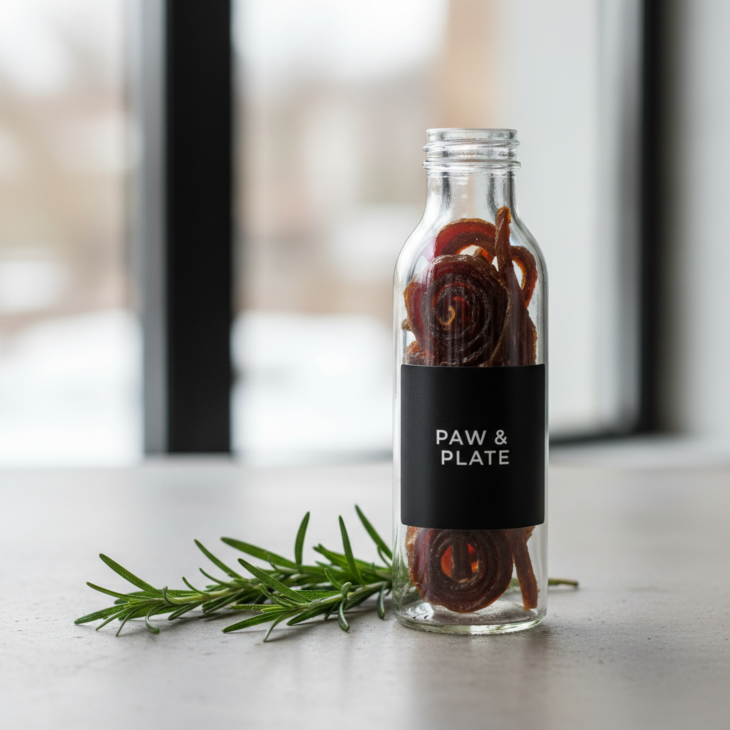 세련된 유리병에 담긴 건조 육포 형태의 강아지 간식과 그 옆에 놓인 로즈마리 잎이 조화를 이루는 미니멀한 라이프스타일 사진