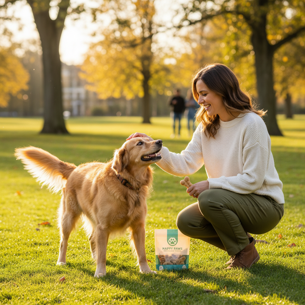 실외 공원에서 보호자가 강아지에게 보상으로 기능성 개껌을 건네주는 행복하고 따뜻한 분위기의 스냅 사진