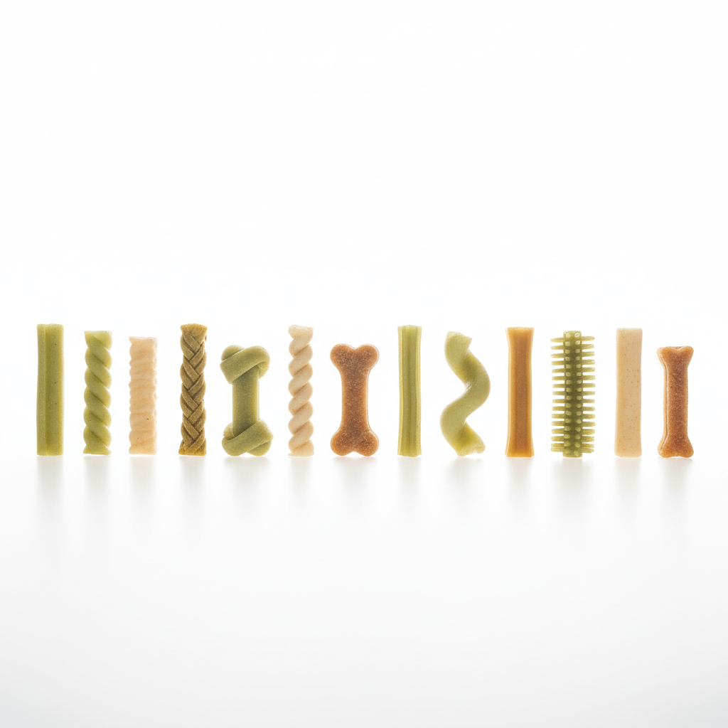 밝고 깨끗한 화이트 배경 위에 일렬로 배치된 다양한 형태의 치석 제거용 덴탈 츄 간식들의 깔끔한 제품 연출 사진