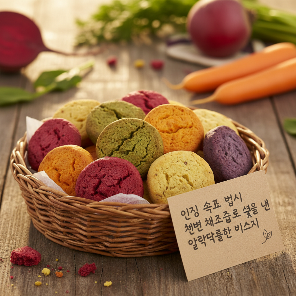 인공 색소 없이 천연 채소즙으로 색을 낸 알록달록한 비스킷들이 바구니에 담겨 있는 자연 친화적인 이미지