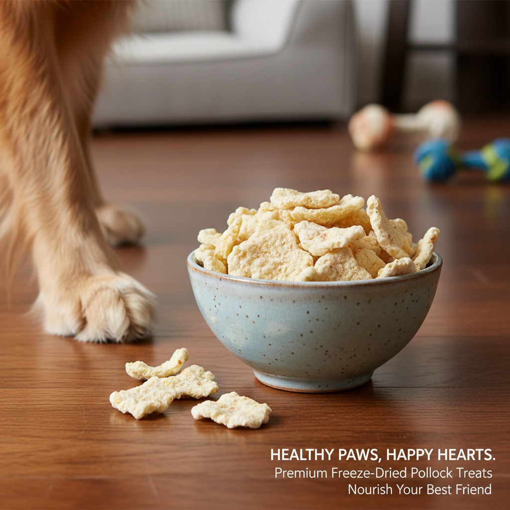 강아지의 앞발 옆에 놓인 작은 세라믹 그릇과 그 안에 담긴 영양 가득한 동결건조 북어 트릿의 고해상도 상세 샷